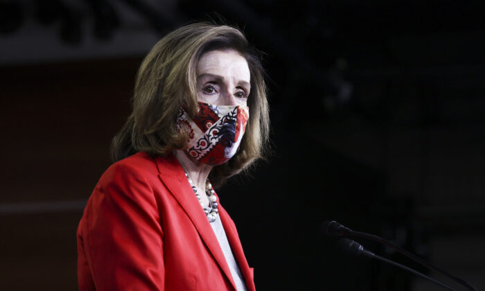 House Speaker Nancy Pelosi (D-Calif.) speaks at her weekly news conference on Capitol Hill in Washington,
on Dec. 30, 2020. (Tasos Katopodis/Getty Images)