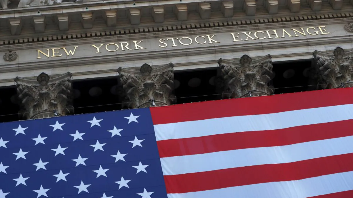 The U.S. flag is seen on the New York Stock Exchange (NYSE) following Election Day in Manhattan, New York City, on Nov. 4, 2020. (Andrew Kelly/Reuters)