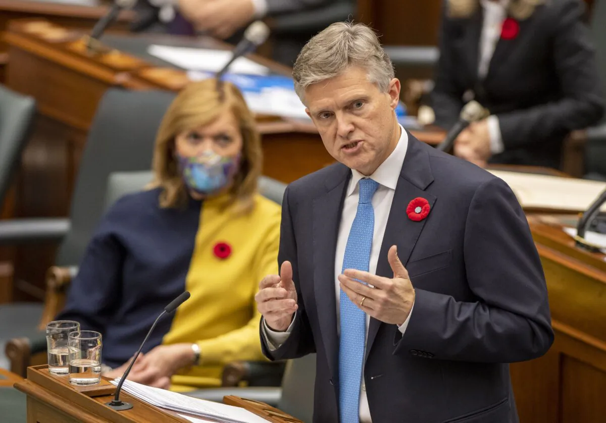 Ontario Finance Minister Rod Phillips delivers the provincial budget in the Ontario legislature in Toronto on Nov. 5, 2020. Phillips resigned on Dec. 31, after travelling to the Caribbean during the holidays. (The Canadian Press/Frank Gunn)