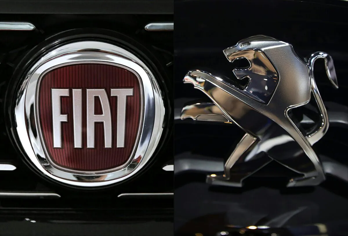 The logo of Italian auto maker Fiat and the Peugeot are shown in this combination of pictures, created on Oct. 31, 2019. (Marco Bertorello and Joël Saget/AFP via Getty Images)