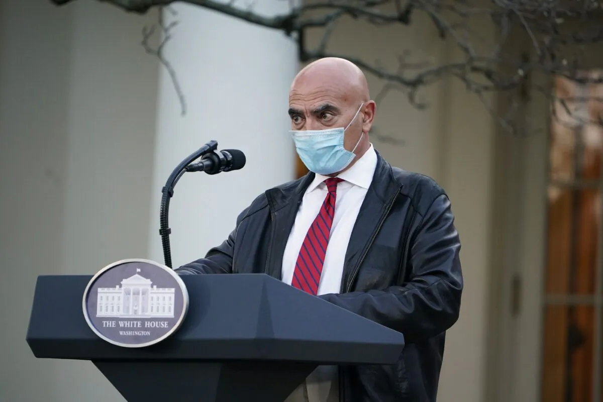 Dr. Moncef Slaoui, head of the Operation Warp Speed program, delivers remarks in the Rose Garden of the White House, in Washington, on Nov. 13, 2020. (Mandel Ngan/AFP/Getty Images)