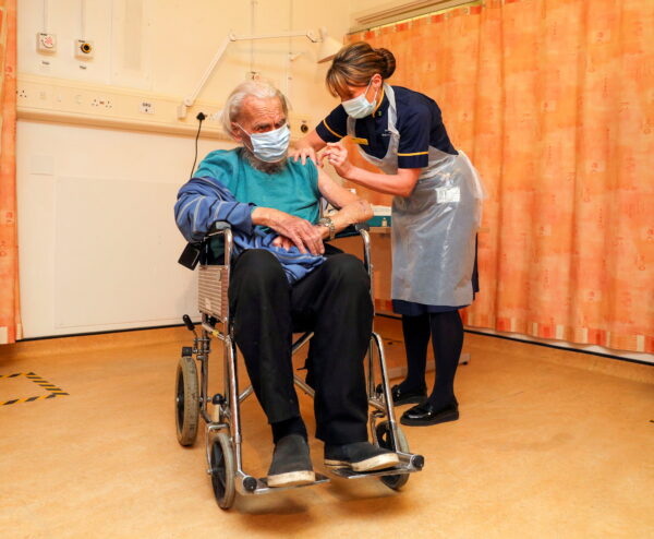 Trevor Cowlett, 88, receives the Oxford University/AstraZeneca second vaccine recipient
