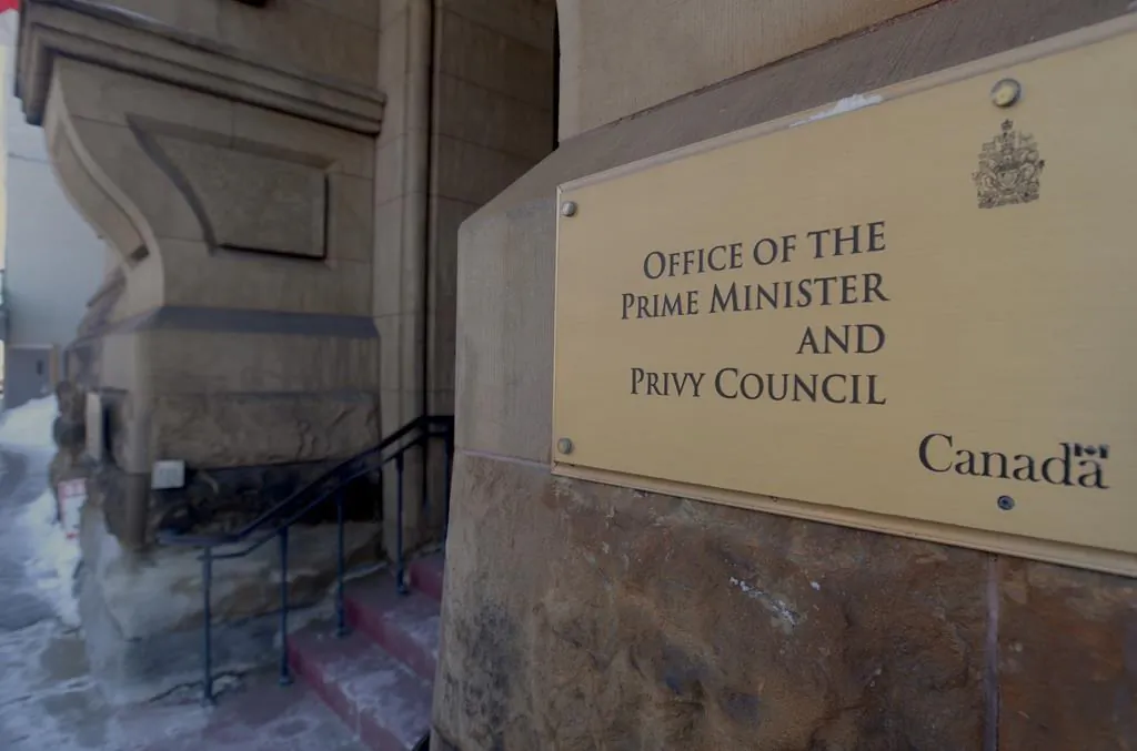 The main door to the Office of the Prime Minister and Privy Council office is seen in Ottawa on Feb.18, 2019. (The Canadian Press/Adrian Wyld)