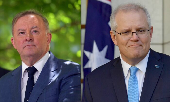 Leader of the Opposition Anthony Albanese (left) on Dec. 11, 2020 and Prime Minister Scott Morrison (right) on Dec. 9, 2020 in Canberra, Australia. (Sam Mooy/Getty Images)