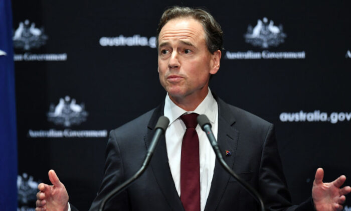 Australian Health Minister Greg Hunt at a press conference in the Main Committee Room at Parliament House in Canberra on April 8, 2020. (Sam Mooy/Getty Images)