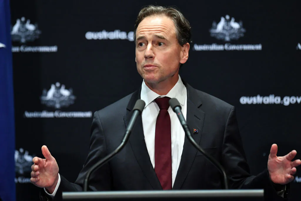 Australian Health Minister Greg Hunt at a press conference in the Main Committee Room at Parliament House in Canberra on April 8, 2020. (Sam Mooy/Getty Images)