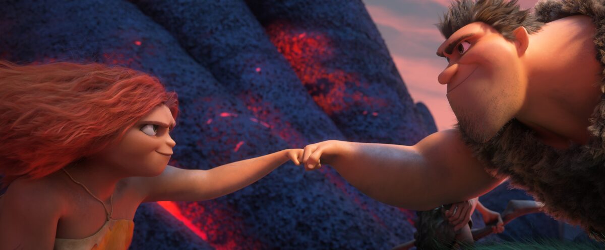 daughter and dad bump fists in "The Croods: A New Age"
