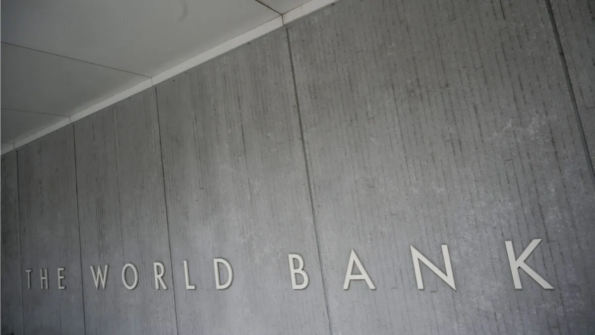 The World Bank Group logo is seen on the building of the Washington-based global development lender in Washington on Jan. 17, 2019. (Eric Baradat/AFP via Getty Images)