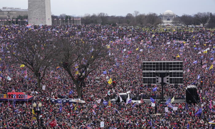 With the Washington Monument in the background, people attend a rally in support of President Donald Trump near the White House on Jan. 6, 2021, in Washington. (Jacquelyn Martin/AP Photo)