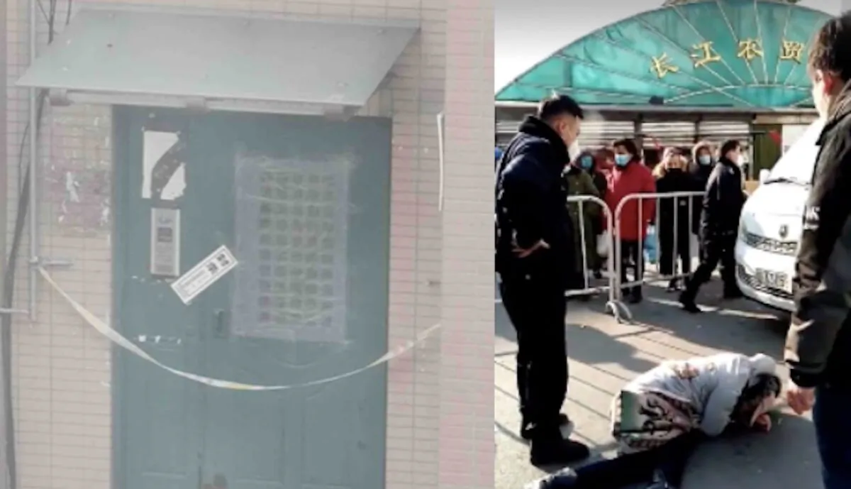 (L) An apartment building entrance is sealed off in Jinzhou district of Dalian, China on January 2021. (Provided by an interviewee) (R) A woman attempts to leave a locked down area but is stopped by police in Shenyang, China on January 2021. (Screenshot of a Twitter video)