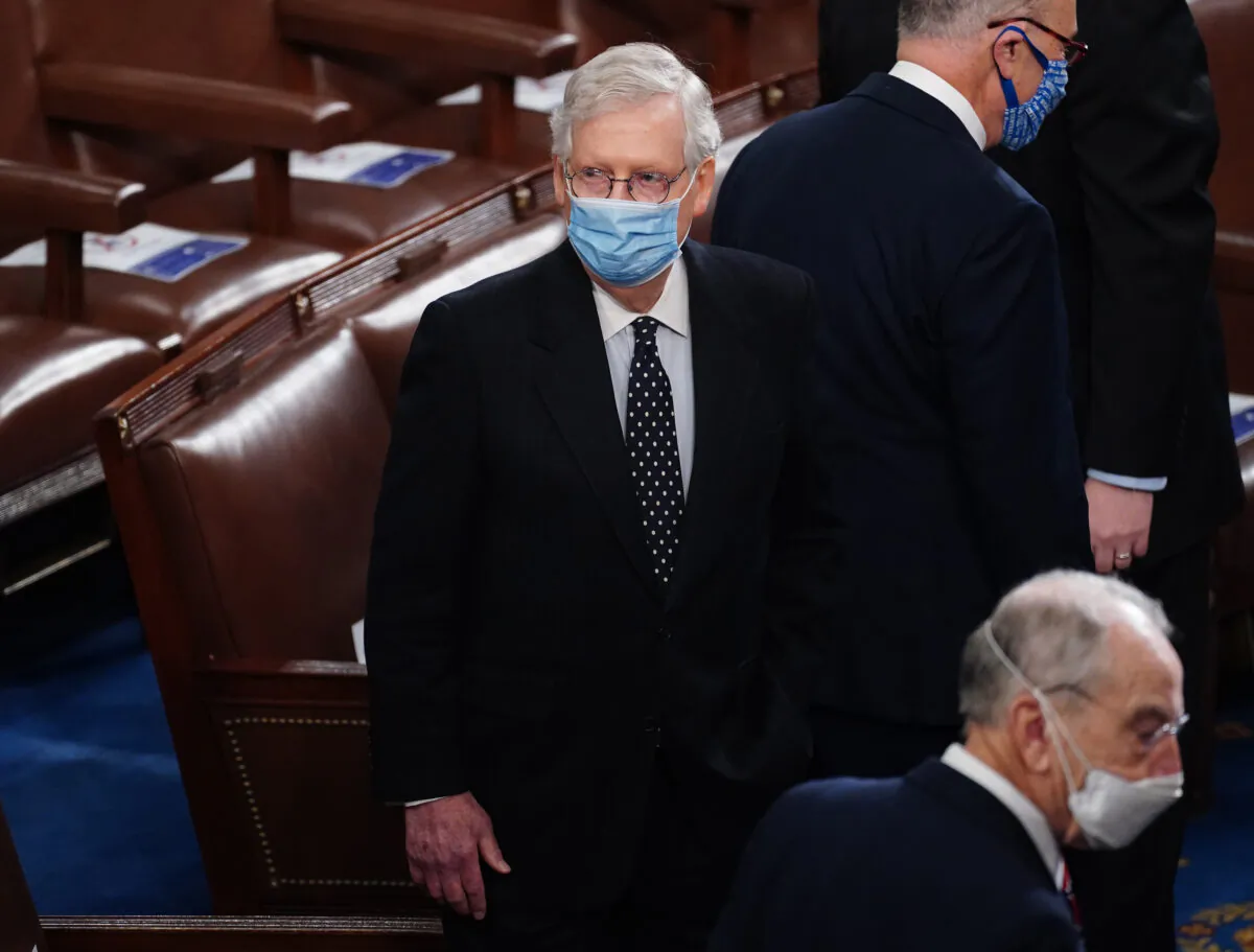 Senate Majority Leader Mitch McConnell (R-Ky.) is seen during the joint session of Congress in Washington on Jan. 6, 2021. (Kevin Dietsch/Pool/AFP via Getty Images)
