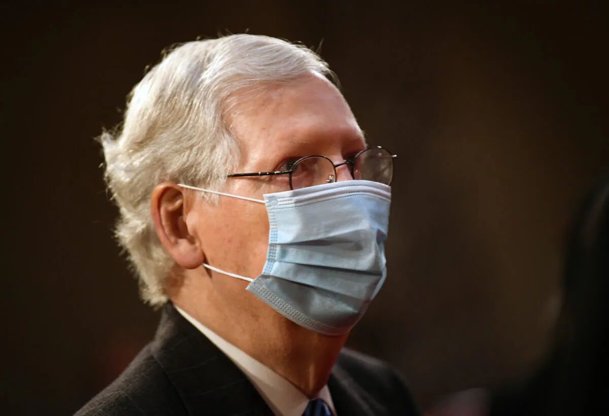Senate Majority Leader Mitch McConnell, (R-Ky.) participates in a mock swearing-in for the 117th Congress with Vice President Mike Pence in the Old Senate Chamber at the U.S. Capitol in Washington on Jan. 3, 2021. (Kevin Dietsch/Pool/AFP via Getty Images)