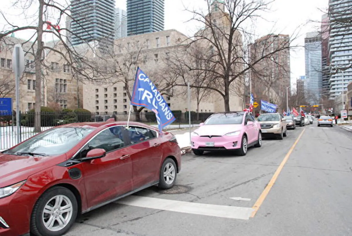 Vehicles during a pro-Trump car parade in Toronto on Jan. 6, 2021. (Michelle Hu/The Epoch Times)