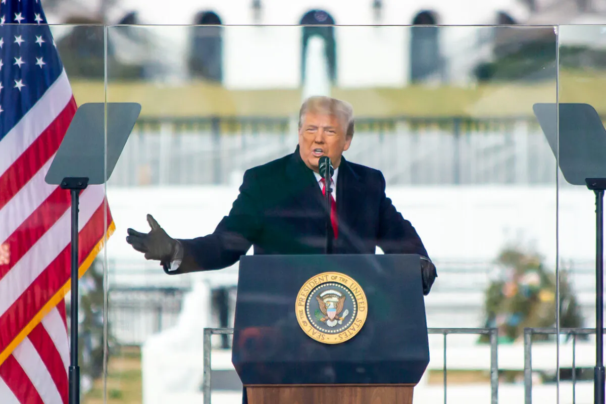 President Donald Trump speaks during a rally protesting the Electoral College certification of Joe Biden, in Washington on Jan. 6, 2021. (Lisa Fan/The Epoch Times)