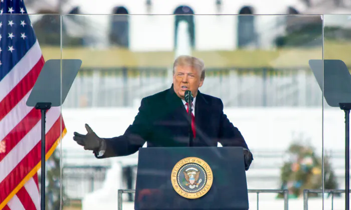President Donald Trump speaks during a rally protesting the Electoral College certification of Joe Biden, in Washington on Jan. 6, 2021. (Lisa Fan/The Epoch Times)