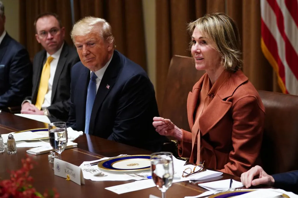 U.S. President Donald Trump listens as U.S. Ambassador to the United Nations Kelly Craft speaks during a luncheon with the U.N. Security Council permanent representatives in the Cabinet Room of the White House in Washington, on Dec. 5, 2019. Craft will be visiting Taiwan.(Mandel Ngan/AFP via Getty Images)