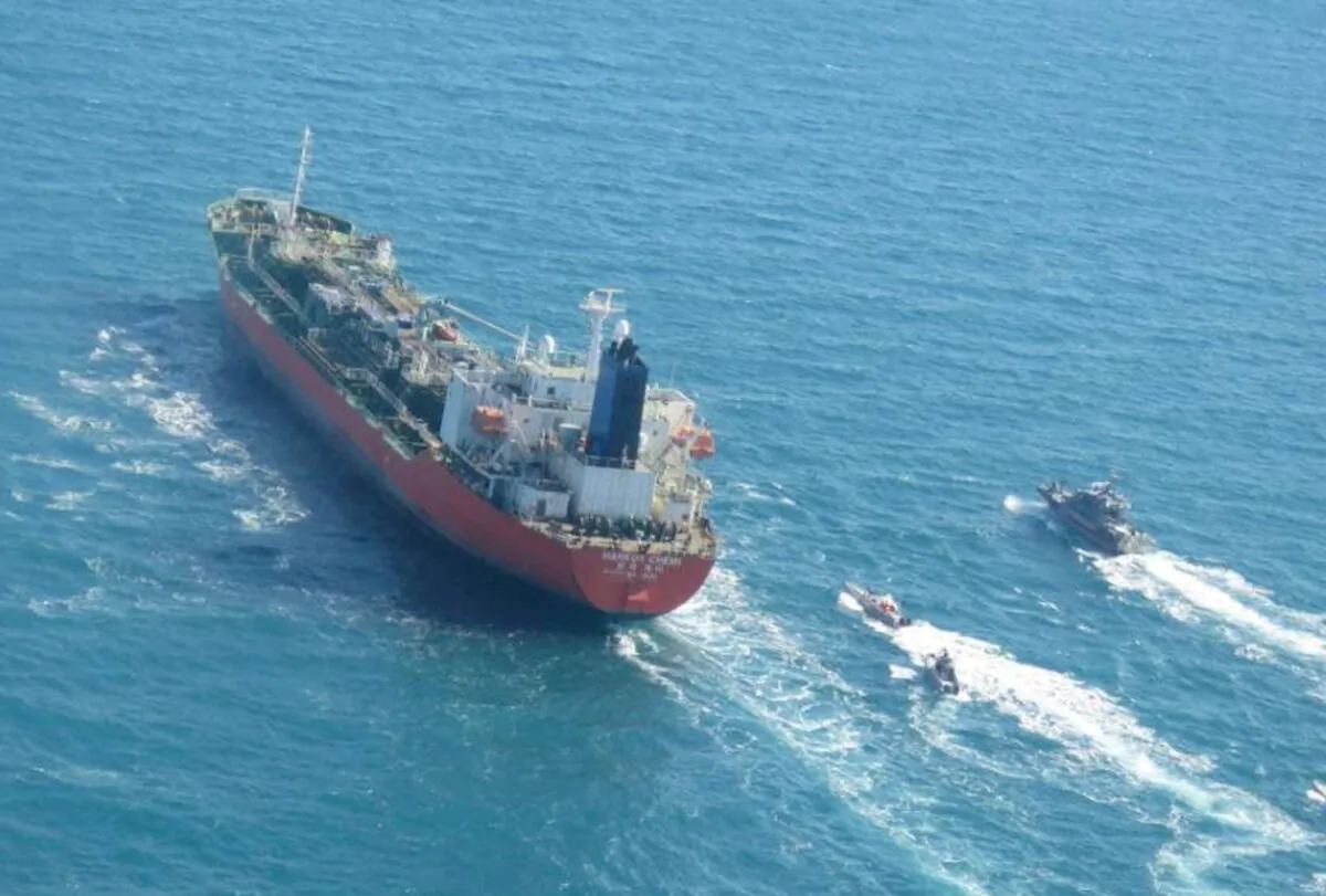 A South Korean-flagged tanker that was seized by Iran is seen in the Gulf, Iran on Jan. 4, 2021. (IRGC/West Asia News Agency via Reuters)