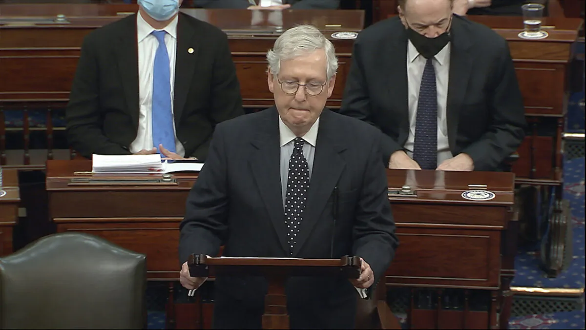 Senate Majority Leader Mitch McConnell (R-Ky.) speaks as the Senate reconvenes on Jan. 6, 2021. (Senate Television via AP)