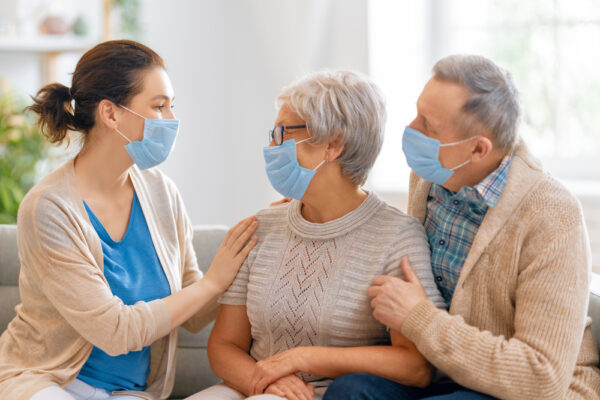Adult,Daughter,And,Senior,Parents,Wearing,Facemasks,During,Coronavirus,And