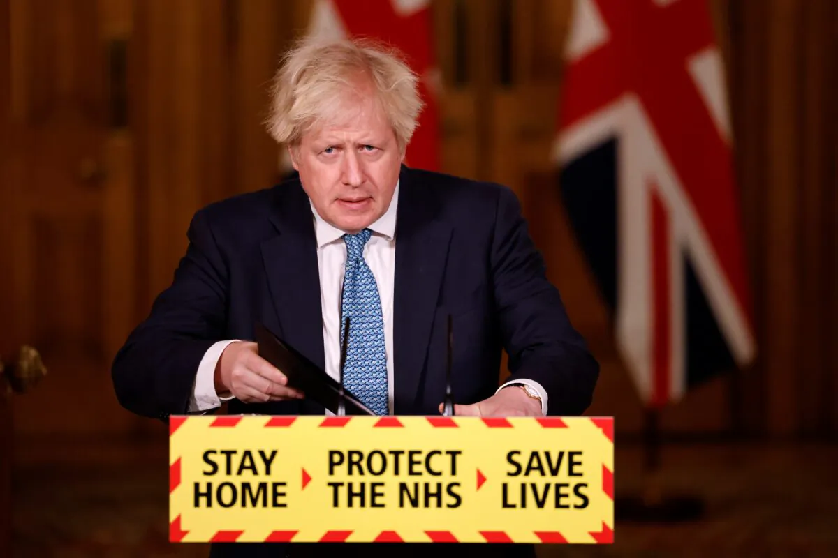 British Prime Minister Boris Johnson speaks during a virtual press conference at No.10 Downing Street in London on Jan. 7, 2021. (Tolga Akmen - WPA Pool/Getty Images)