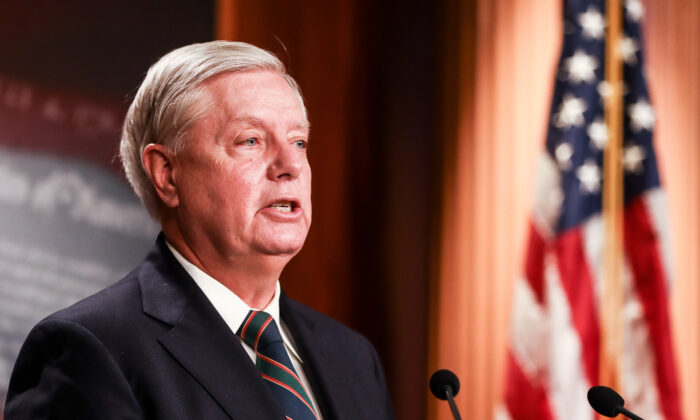 Sen. Lindsey Graham (R-S.C.) speaks to media at the Capitol in Washington on Jan. 7, 2021. (Charlotte Cuthbertson/The Epoch Times)