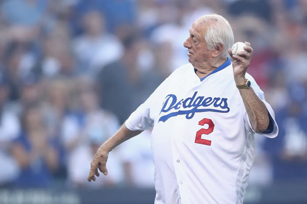 Former Los Angeles Dodgers player and manager Tommy Lasorda throws the ceremonial first pitch prior to Game Three of the 2018 World Series between the Los Angeles Dodgers and the Boston Red Sox at Dodger Stadium on October 26, 2018 in Los Angeles, California. (Ezra Shaw/Getty Images)