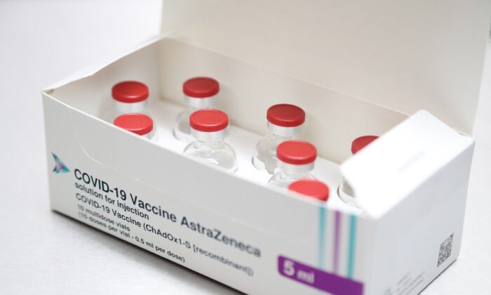 A box of AstraZeneca/Oxford Covid-19 vaccine vials are pictured at the Pontcae Medical Practice in Merthyr Tydfil in south Wales on Jan. 4, 2021. (Geoff Caddick/AFP via Getty Images)