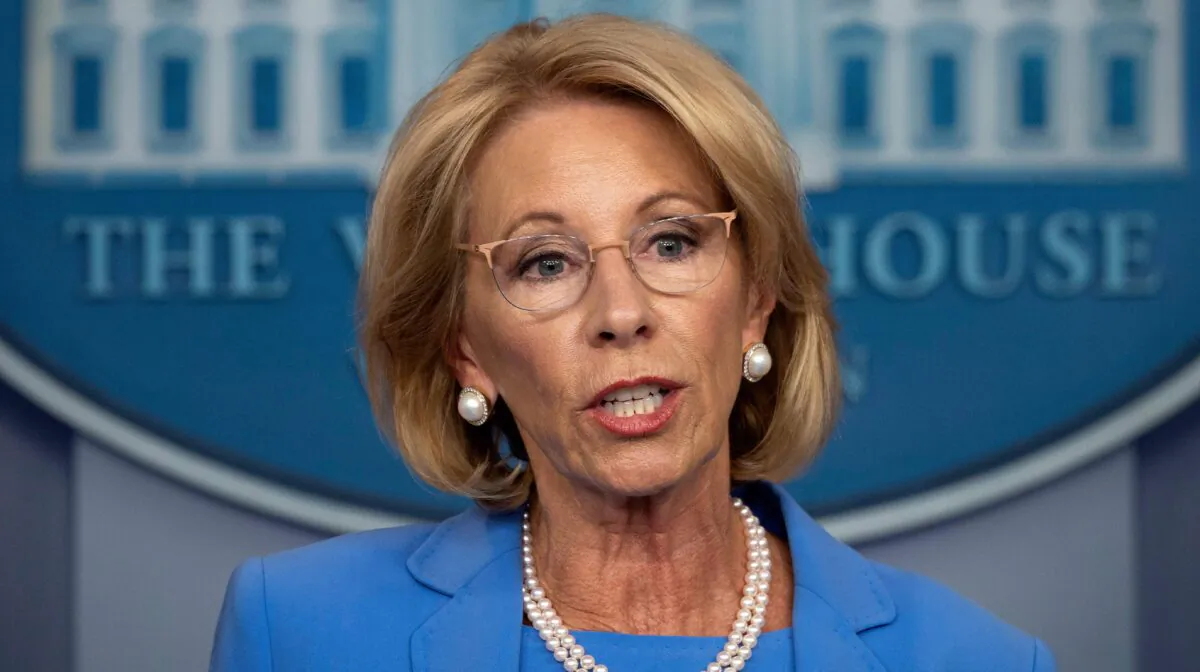 U.S. Secretary of Education Betsy Devos speaks during the daily briefing on the novel coronavirus, COVID-19, in the Brady Briefing Room at the White House on March 27, 2020, in Washington. (Jim Watson/AFP via Getty Images)