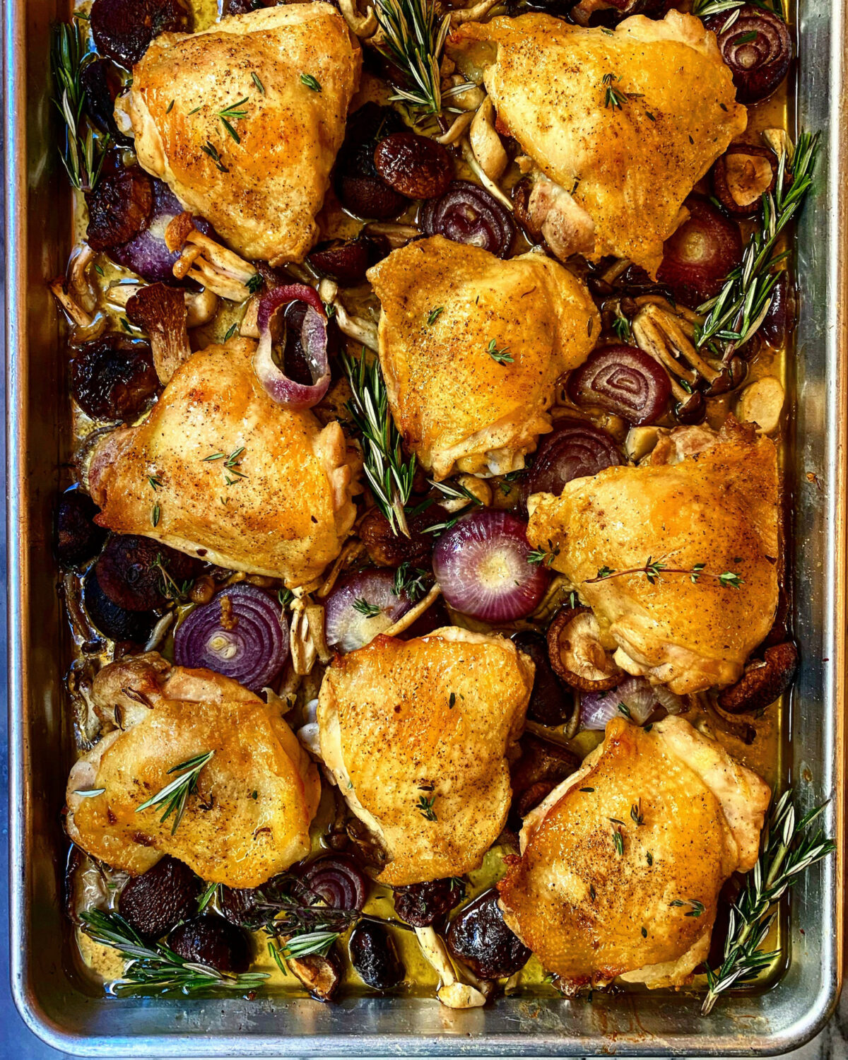 Sheet Pan Chicken With Wild Mushrooms and Onions