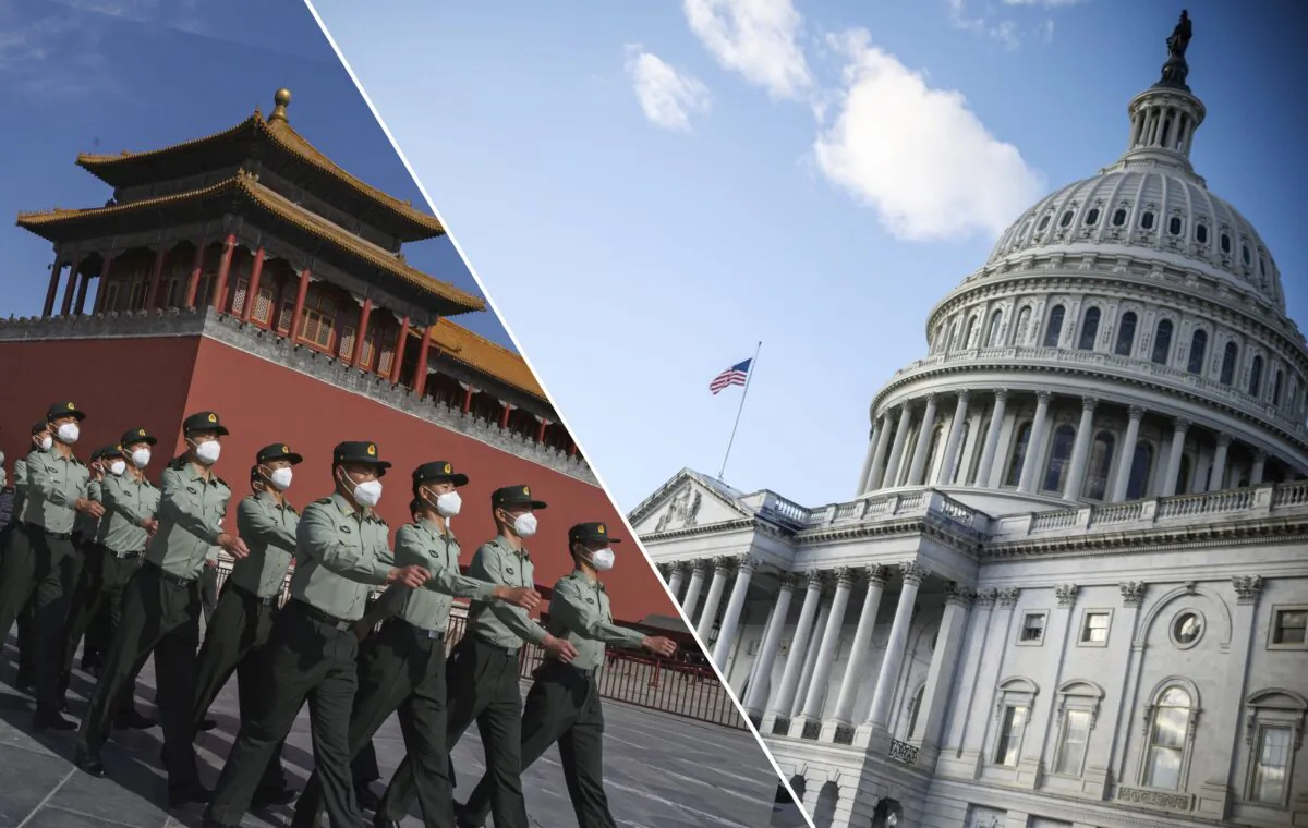 (L) Soldiers of the People's Liberation Army's Honor Guard Battalion march outside the Forbidden City, near Tiananmen Square, in Beijing, China, on May 20, 2020. (R) The U.S. Capitol building is seen on a cold and sunny winter day in Washington on Dec. 29, 2020. (Kevin Frayer/Getty Images, Eric Baradat/AFP via Getty Images)