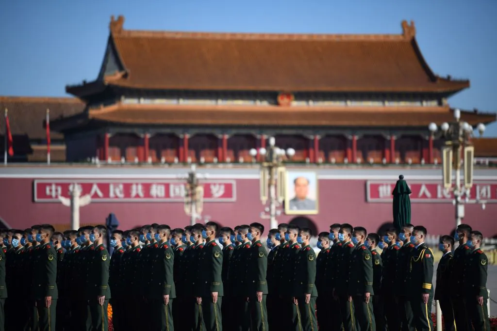 Chinese paramilitary police officers gather in Beijing's Tiananmen Square on Oct. 23, 2020. (Noel Celis/AFP via Getty Images)
