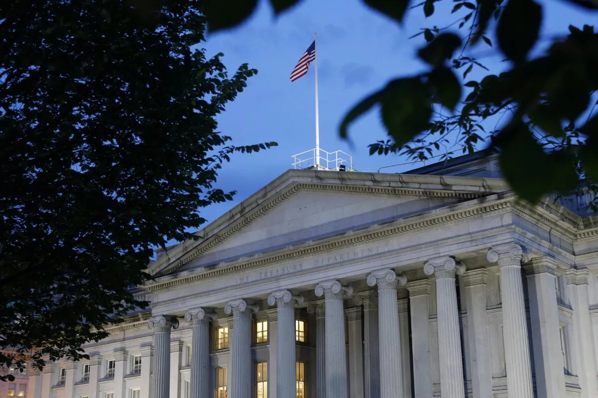 The U.S. Treasury Department building at dusk in Washington on June 6, 2019. (Patrick Semansky/AP Photo)