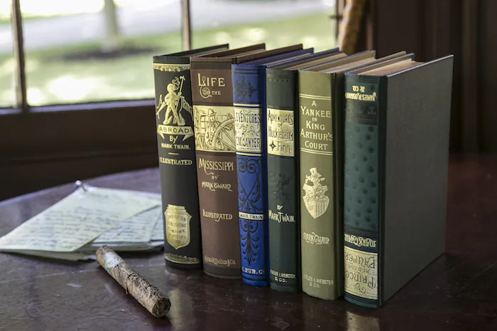 Some of Mark Twain's classics in his study in Elmira, N.Y. (Samira Bouaou/The Epoch Times)