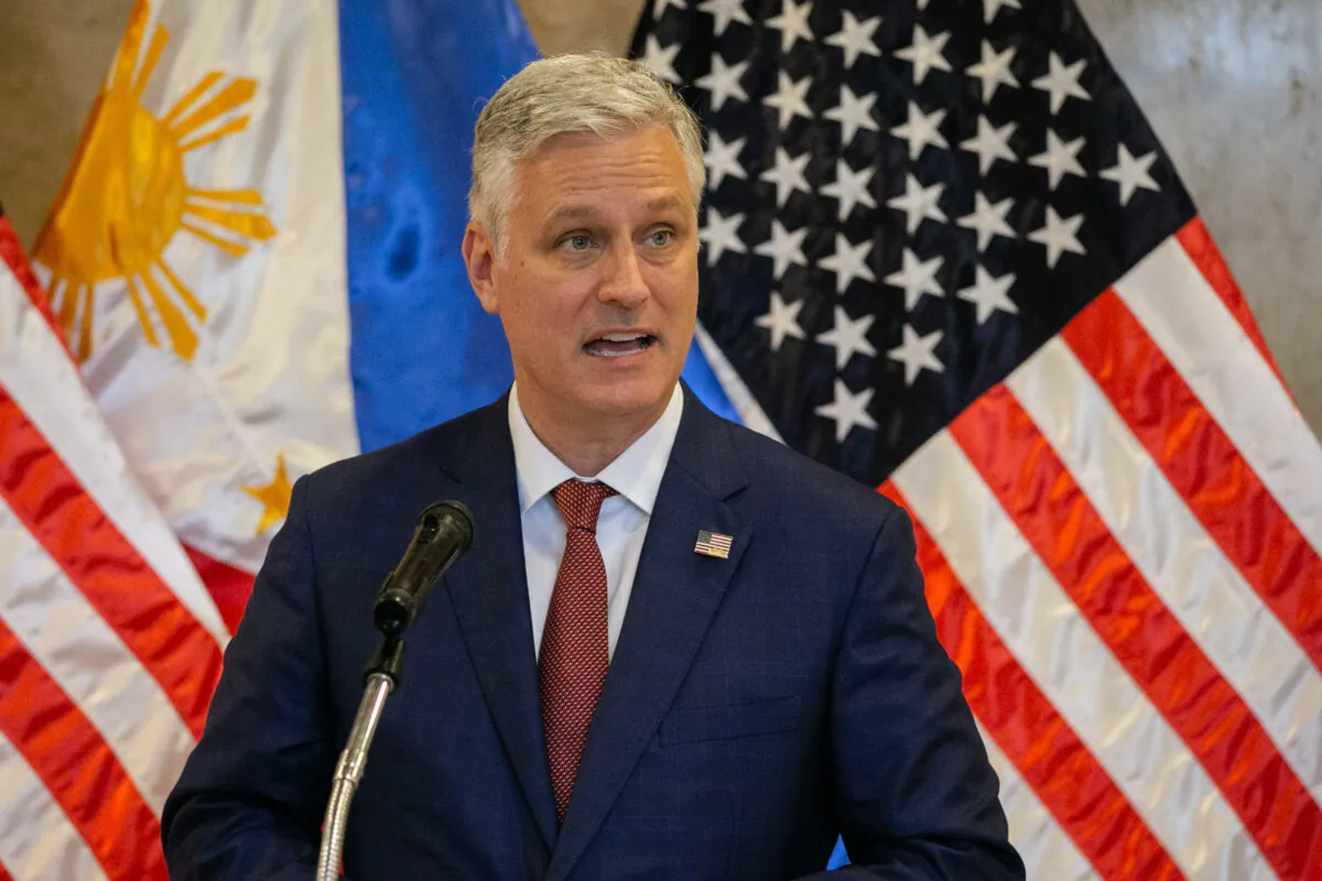 US National Security Adviser Robert O'Brien speaks during a turnover ceremony of defense articles at the Department of Foreign Affairs office in Manila on Nov. 23, 2020. (Eloisa Lopez/Pool/AFP via Getty Images)