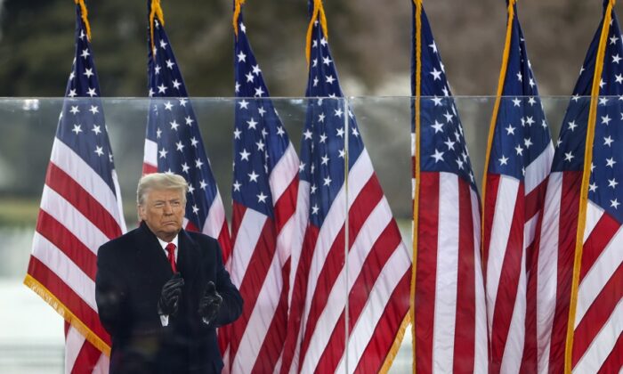 President Donald Trump greets the crowd at the "Stop The Steal" rally in Washington on Jan. 6, 2021. (Tasos Katopodis/Getty Images)