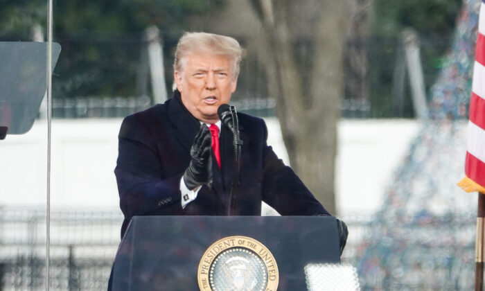 Then-President Donald Trump speaks at the "Stop the Steal" rally in Washington on Jan. 6, 2021. (Jenny Jing/The Epoch Times)