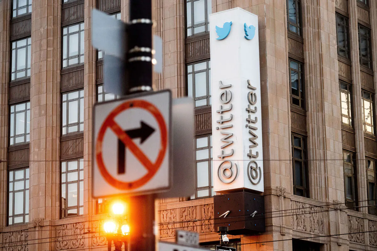 A sign hangs at Twitter headquarters in San Francisco on Jan. 11, 2021. (Noah Berger/AP Photo)