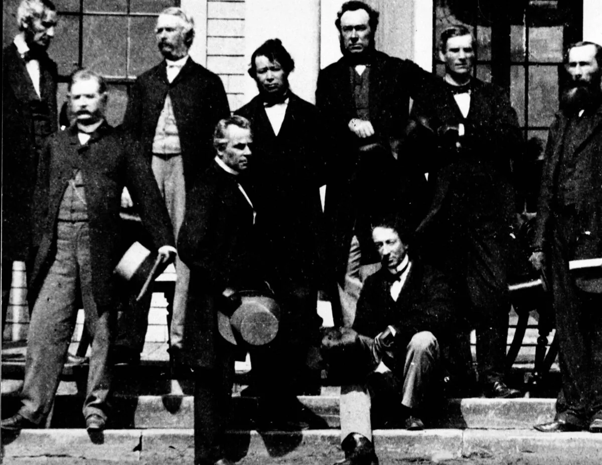 Some of the Fathers of Confederation are shown at the Charlottetown Conference in September 1864 where they gathered to consider the union of the British North American Colonies. Sir John A. Macdonald (R) and Georges Etienne Cartier are in the foreground. (National Archives of Canada-PA-091061/The Canadian Press)