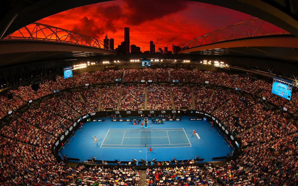 A general view of Rod Laver Arena at sunset in the third round match between Alex De Minaur of Australia and Rafael Nadal of Spain during day five of the 2019 Australian Open at Melbourne Park on January 18, 2019 in Melbourne, Australia.  (Scott Barbour/Getty Images)