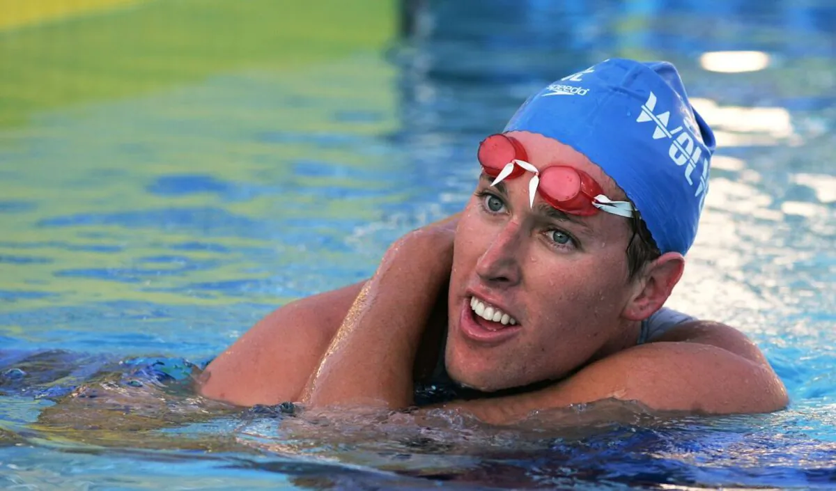Klete Keller of Club Wolverine takes a breather after his victory in the Men's 800 Meter Freestyle event during the 2005 ConocoPhilllips National Championship at the William J. Woollett Aquatic Center in Irvine, Calif. on Aug. 3, 2005. (Doug Benc/Getty Images)