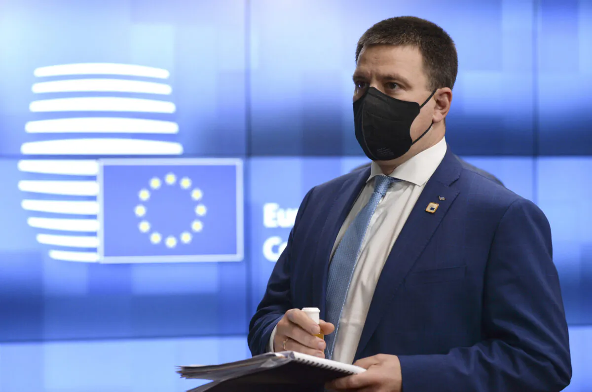 Estonia's Prime Minister Juri Ratas leaves from an EU summit in Brussels, on Oct. 16, 2020. (Johanna Geron/Pool via AP)