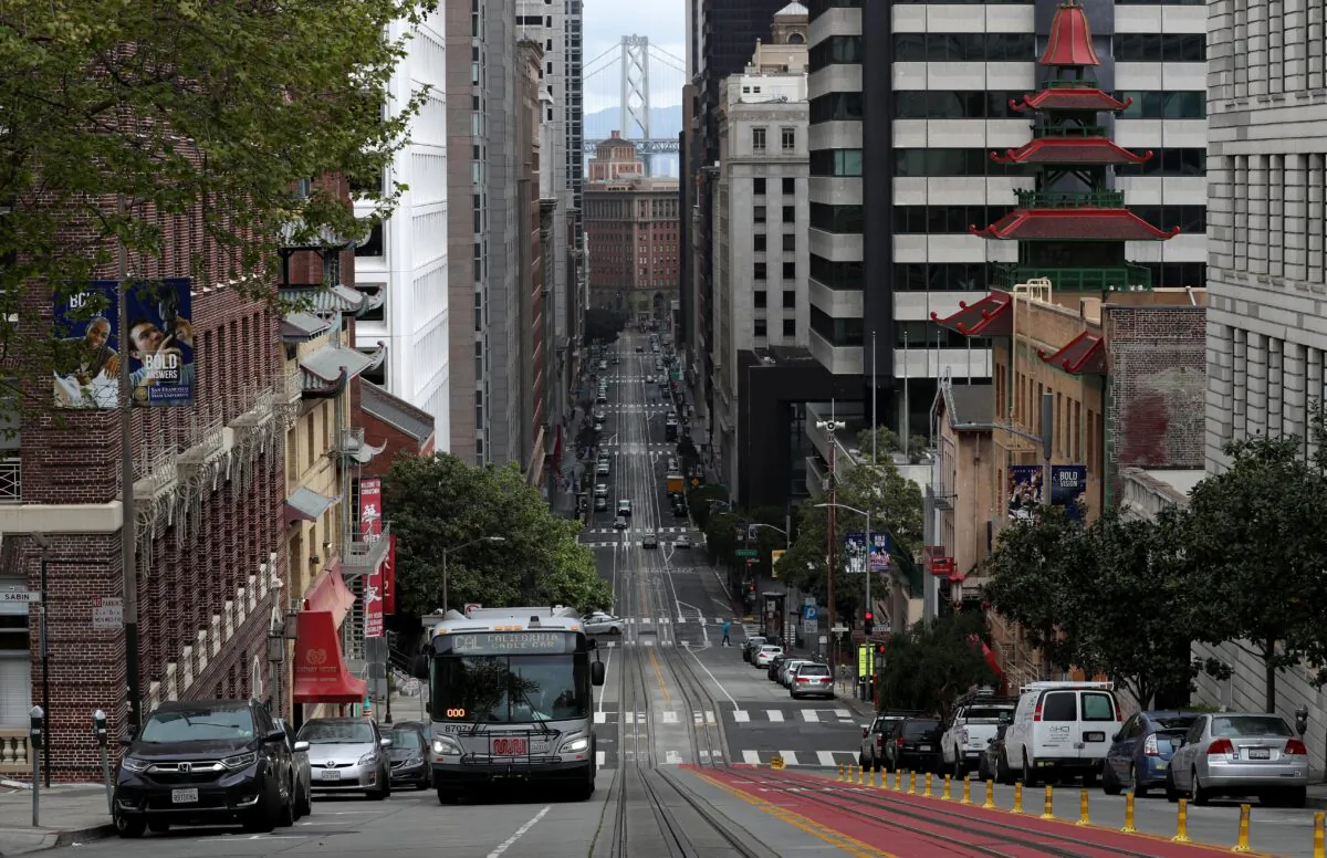 An empty California Street during the coronavirus pandemic in San Francisco on April 6, 2020. (Justin Sullivan/Getty Images)