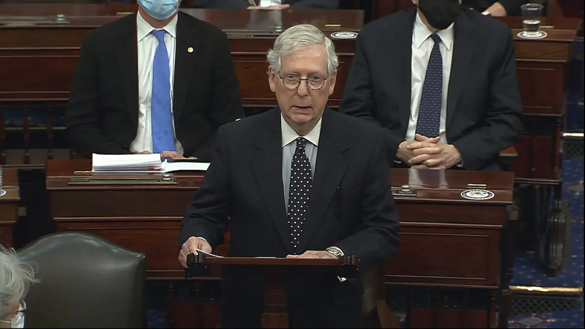 Senate Majority Leader Mitch McConnell (R-Ky.), speaks as the Senate reconvenes after protesters stormed into the U.S. Capitol, in Washington on Jan. 6, 2021. (Senate Television via AP)