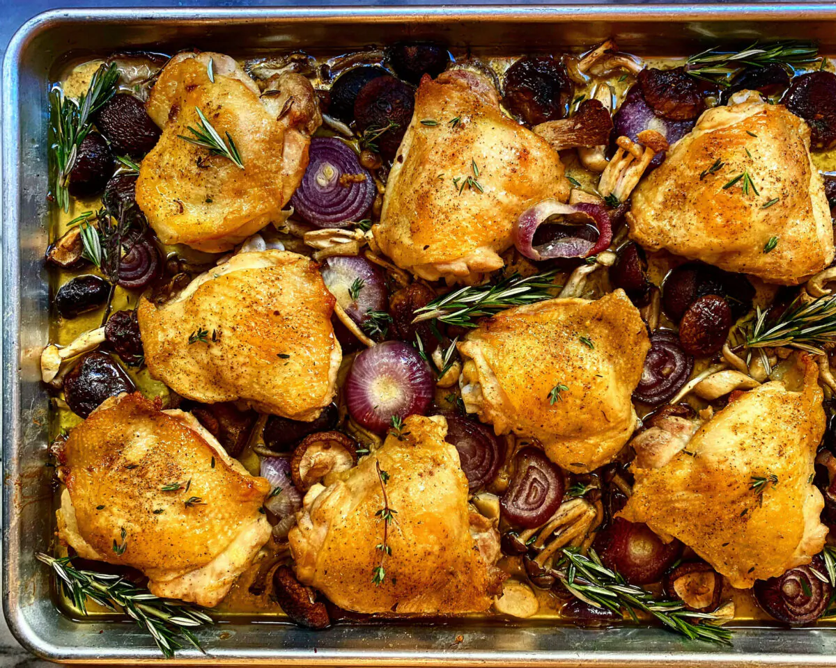 The flavors of chicken, sweet cipollini onions, umami-packed mushrooms, and fresh rosemary and thyme mingle in this one-pan wonder. (Lynda Balslev for Tastefood)