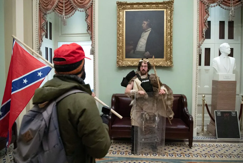 Aaron Mostofsky, a supporter of President Donald Trump protests in the U.S. Capitol Rotunda in Washington, on Jan. 6, 2021. (Saul Loeb/AFP via Getty Images)