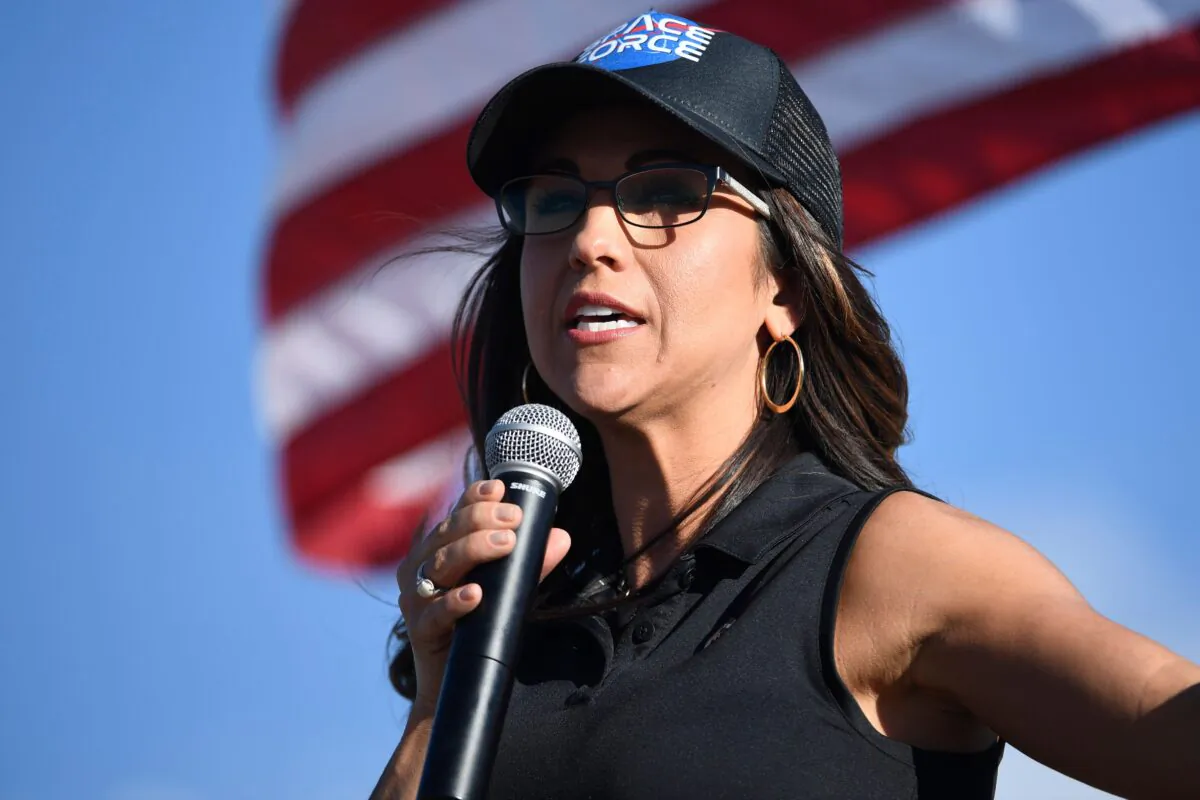 Lauren Boebert, the Republican candidate for the U.S. House of Representatives seat in Colorado's 3rd Congressional District, addresses supporters during a campaign rally in Colona, Colo. on Oct. 10, 2020. (Jason Connolly/AFP via Getty Images)