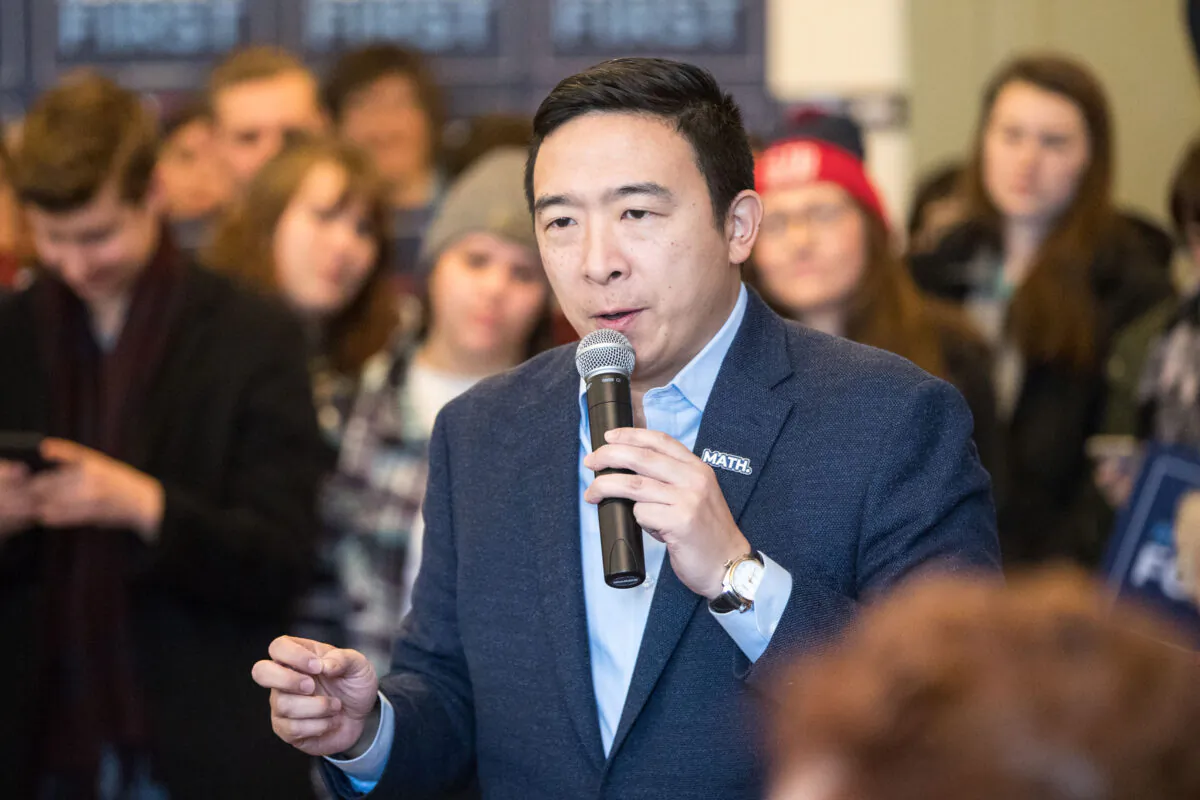 Then-Democrat presidential candidate Andrew Yang speaks during a campaign event at Hopkinton Town Hall in Hopkinton, N.H., on Feb. 9, 2020. (Scott Eisen/Getty Images)