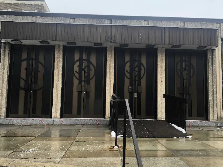 Swatstikas are shown spray painted on the doors of a synagogue in Westmount on Jan. 13, 2021. (The Canadian Press/Rabbi Adam Scheier HO)
