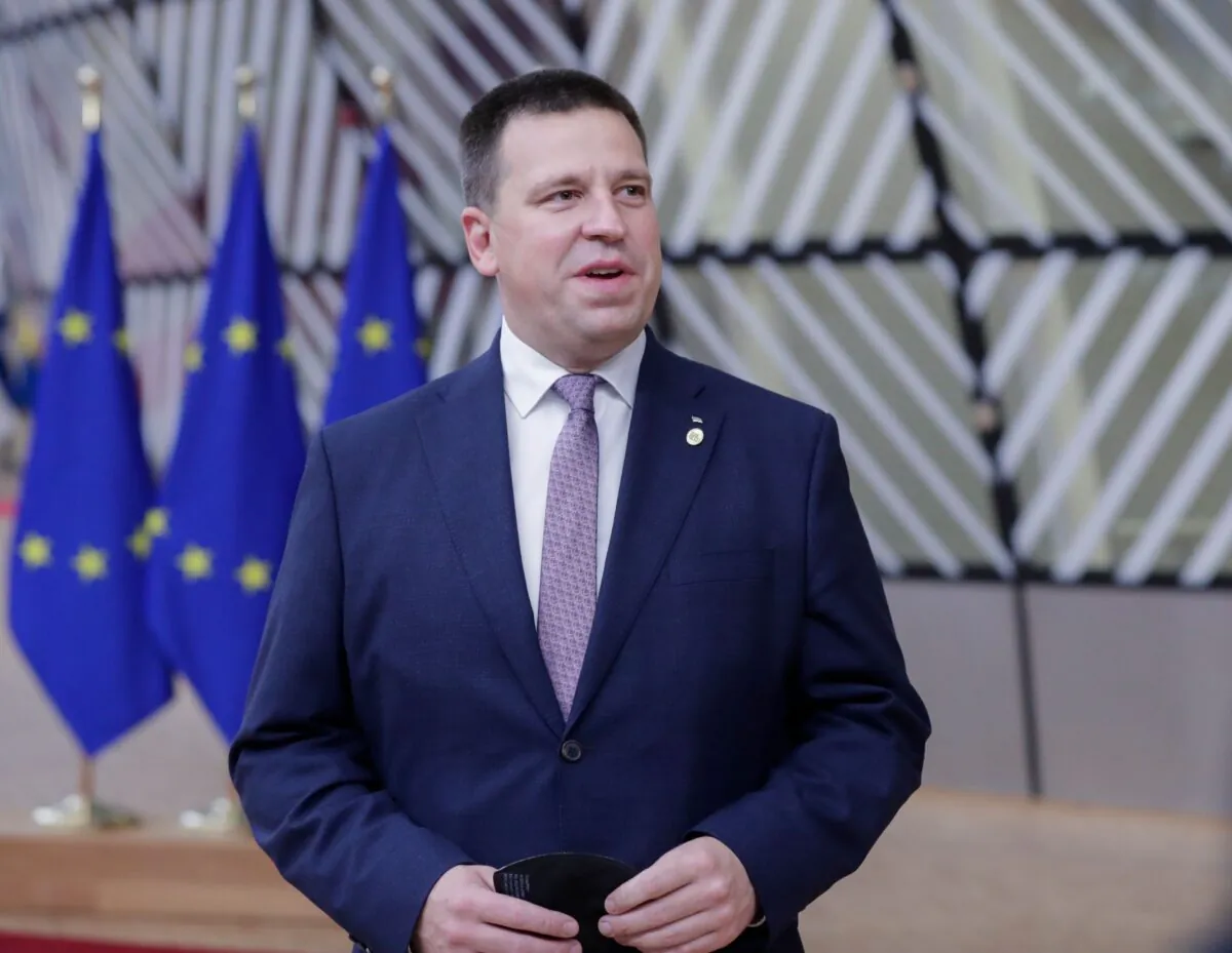 Estonia's Prime Minister Juri Ratas speaks to the press as he arrives on the second day of a European Union (EU) summit at The European Council Building in Brussels on Oct. 2, 2020. (Olivier Hoslet/POOL/AFP via Getty Images)