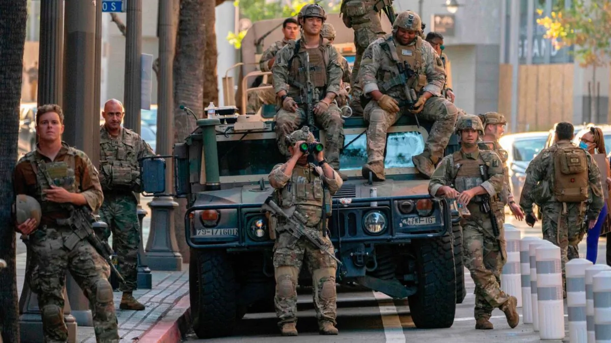 Members of the California National Guard in downtown Los Angeles, Calif., on June 6, 2020. (Kyle Grillot/AFP via Getty Images)